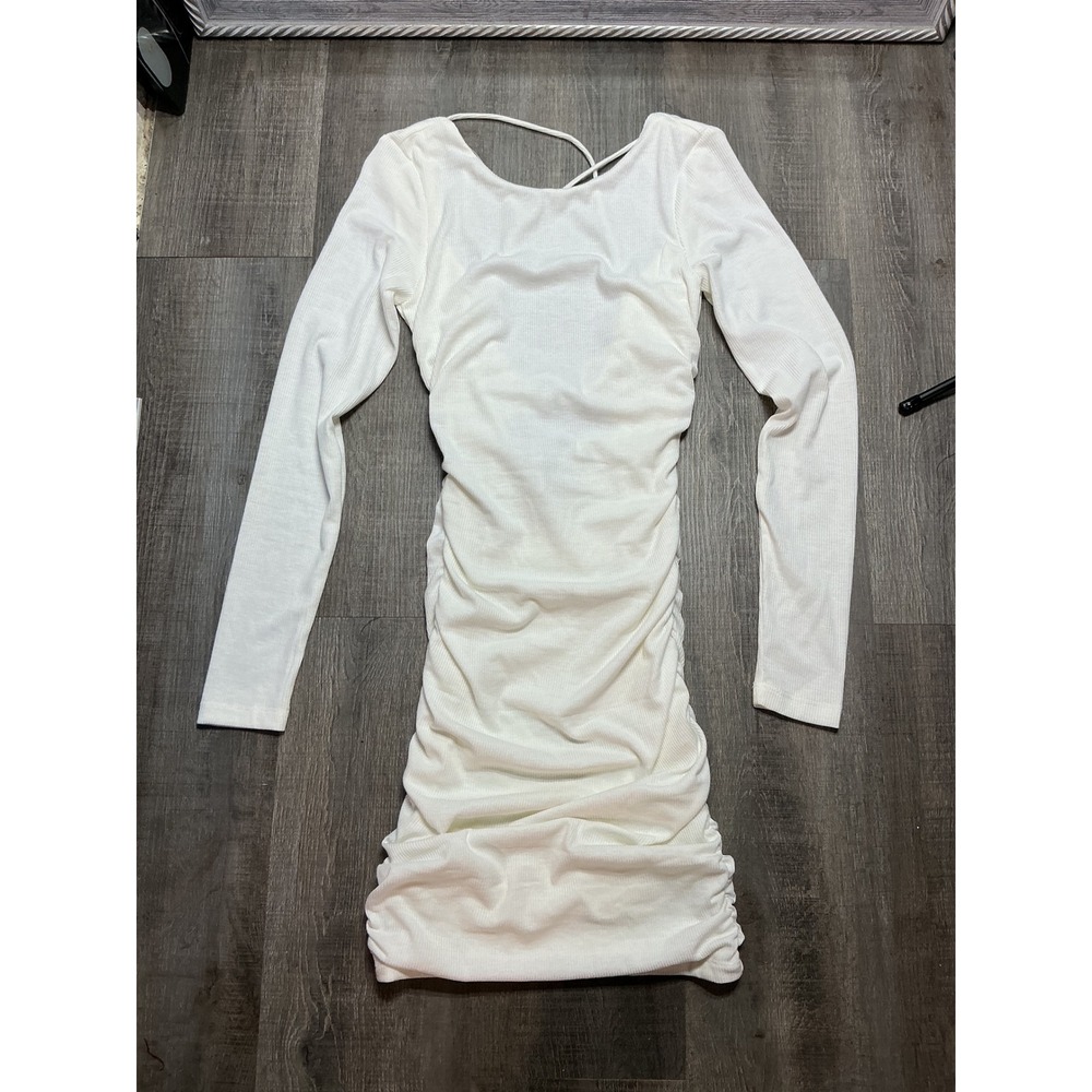 Princess Polly Newton Mini Dress White Ribbed Long Sleeve Open Back US 4 NEW